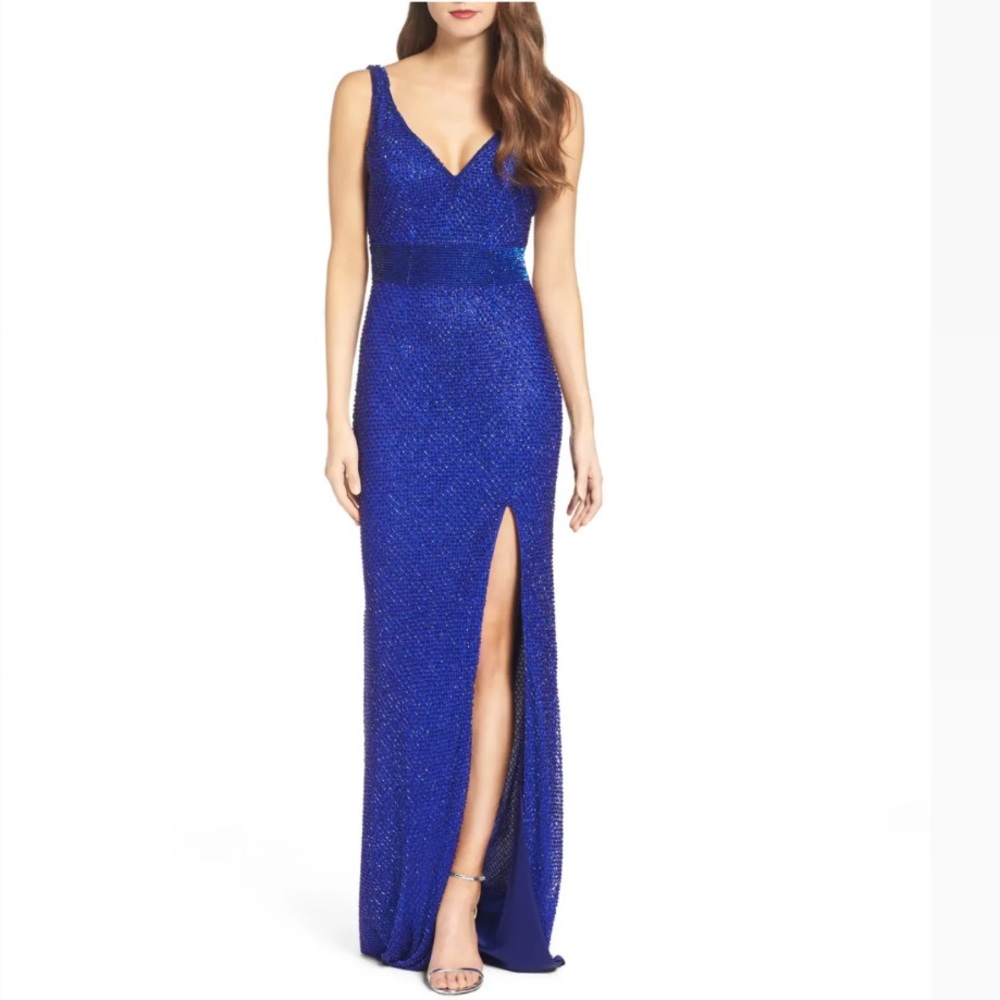 MAC DUGGAL Beaded Mesh Column Gown